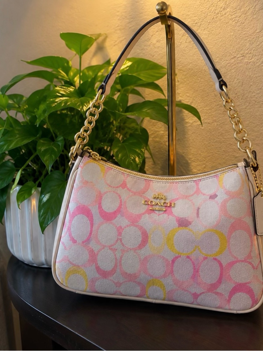 Coach Pink & Yellow Signature Canvas Hobo Shoulder Bag